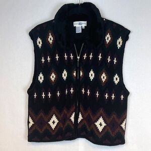 Rebecca Thomas Sweater Vest Women's Faux Fur Collar Black Argyle Full Zip XL